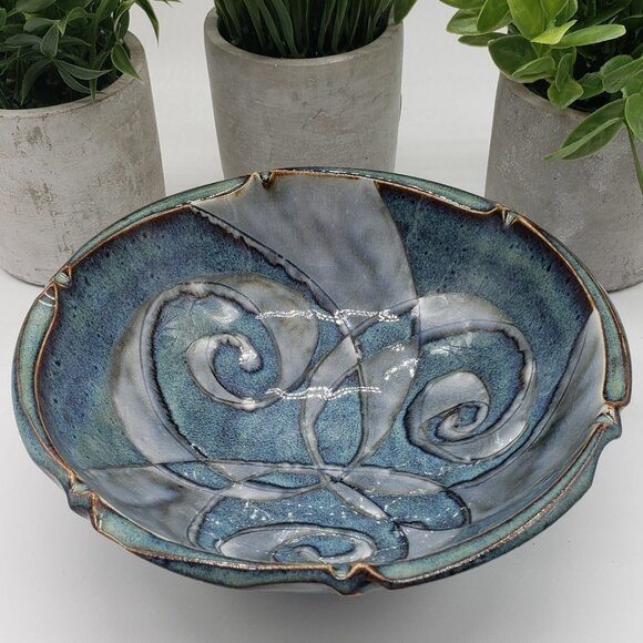Blue Grey Scroll Decorative Art Pottery Bowl AS IS - Picture 4 of 9